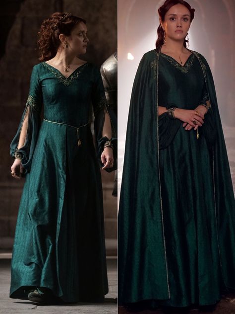 House Targaryen Dresses, Alicent Hightower Cosplay, Green Royal Dress, House Of The Dragon Dress, Alicent Hightower Dress, Medieval Dress Royal, Queen Dress Royal Medieval, Green Cape Dress, Green Medieval Dress