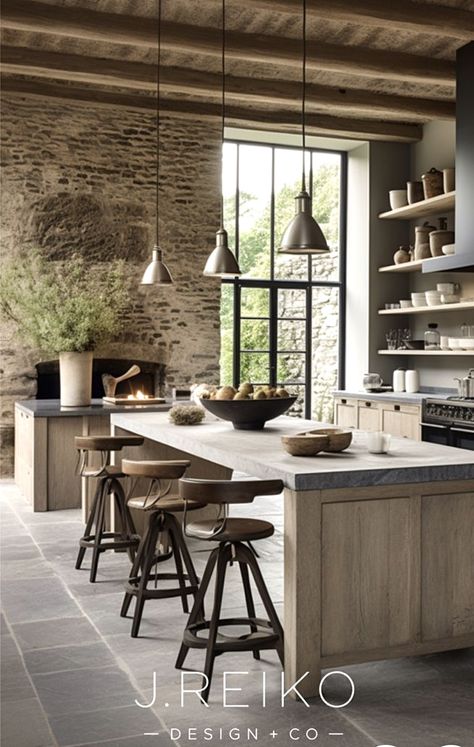 Belgian Farmhouse, Japandi Kitchen Design, Japandi Furniture, Rustic Industrial Kitchen, Mountain Kitchen, Japandi Kitchen, Japandi Home, Industrial Kitchen Design, Rustic Kitchen Island