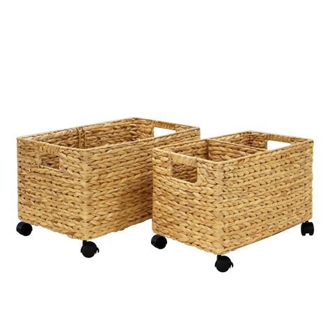 PRICES MAY VARY. Water hyacinth and seagrass [DIMENSION & MATERIALS] PEMAR Set 2 wicker rolling storage basket boxes of 2 sizes nesting in a set: Large size: 19.7” long x 11.8” wide x 13” high; Medium size: 18.1” long x 9.8” wide x 12.6” high. Each basket has a removable divider inside, giving you flexibility in adjusting the storage compartments. Our woven rectangular storage baskets with wheels and insert / cut out handles are made of natural water hyacinth and seagrass straw wires, woven on m Rolling Storage Bins, Pantry Baskets, Closet Storage Bins, Rolling File Cabinet, Under Desk Storage, Mobile File Cabinet, Rolling Storage, Large Basket, Under Desk