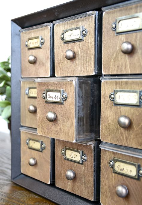 WOW, this makeover is awesome! Learn how to make a faux card catalog from a hardware organizer. #cardcatalog #vintage #tutorial Vintage Tutorial, Hardware Organizer, Card Catalog, Plastic Drawers, Craft Room Organization, Upcycled Crafts, Cheap Decor, Dollar Store Crafts, Flipping Furniture