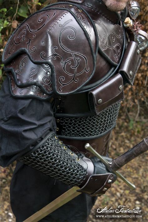 witcher style geralt medieval fantasy larp gn leather chainmail armor (With images) Chain Mail Armor, Chain Armor, Mail Armor, Chainmail Armor, Leather Armour, Plate Armor, Viking Armor, Armor Design, Dragon Armor