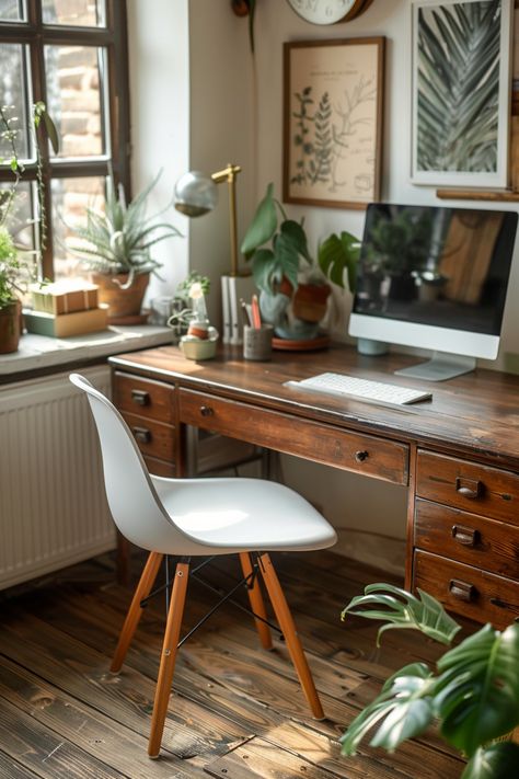 Home Office With Bookcase Behind Desk, Small Apartment Home Office Ideas, Work Desk Living Room, Vintage Office Aesthetic, Aesthetic Office Space, Cozy Office Ideas, Aesthetic Home Office, Neutral Office, Bedroom Wall Decor Ideas