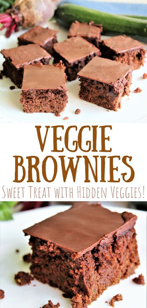 A pin for veggie brownies. The top photo shows several brownies served (with zucchini and beets hiding in the background of the photo). The bottom photo shows a closeup of a veggie brownie. Vegetable Cakes Recipes, Hidden Veggie Kids Recipes, Hidden Vegetable Desserts, Brownies With Hidden Veggies, Hidden Veggie Brownies, Hidden Veggie Cookies, Easy Hidden Veggie Recipes, Hidden Veggie Desserts, Sneaky Vegetable Recipes Kids