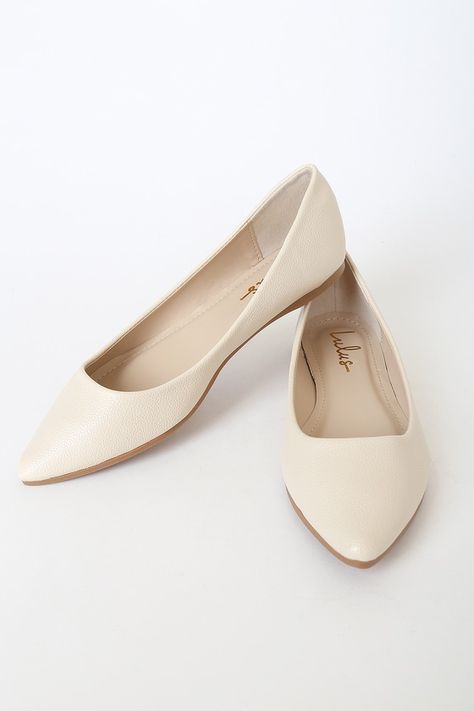 You can't go wrong with the classic style of the Lulus Holly Bone Flats! Pebbled vegan leather covers a pointed toe and low-cut collar. Easy to wear, slip-on design. 0. 25" rubber heel. Cushioned insole. Rubber sole has nonskid markings. All vegan friendly, man made materials. Imported. Lulus | Holly Bone Flats | Size 7.5 | Beige | Vegan Friendly. Classy Flats, Womens Workout Shoes, Dressy Flats, Beige Flats, Flat Heels, Dr Shoes, Fashion Shoes Heels, Modern Sandals, Pointed Flats