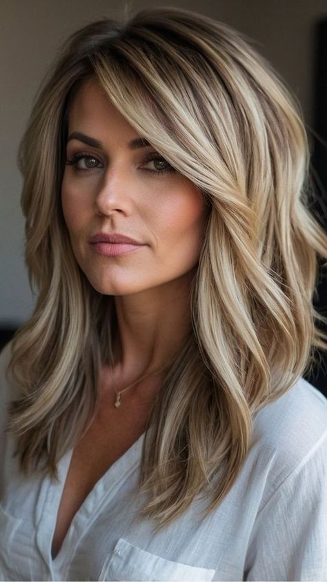 Medium Long Thick Haircut, How To Style My Hair Easy Hairstyles, Latest Medium Length Haircut, Medium Length Haircut Easy To Style, Short To Medium Length Hair Styles, Layered Mom Haircut, Medium Long Haircut Side Part, Medium Long Blonde Hair With Layers, Women Layered Haircut Medium