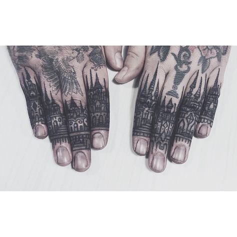 by @ttowerempire ✖️ #blxckink 2spirit Tattoo, Cathedral Tattoo, Woodcut Tattoo, Knuckle Tattoos, Finger Tats, Geometric Tattoos, Travel Tattoos, Hand Tattoos For Guys, Piercing Ideas