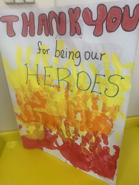 Community Heroes Crafts, Fire Safety Gross Motor Preschool, First Responder Appreciation Ideas, Fire Safety Process Art, Thank You To Firefighters From Kids, Firefighter Appreciation Gifts From Kids, Preschool Fireman Craft, Firefighter Art And Craft, Fireman Thank You Card Preschool