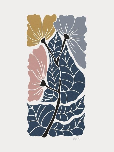 Fleurs Art Nouveau, Abstract Flower Pattern, Modern Pattern Design, Wildflower Drawing, Abstract Flowers Print, Relief Printmaking, Modern Abstract Print, Artfully Walls, Golden Autumn