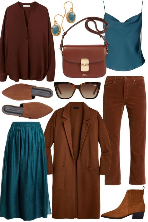 Brown and teal outfits are eye catching and perfect for fall! Sharing an outfit idea & picks in this rich palette to wear now & later. Autumn Aura, Autumn Color Palette Fashion, Turquoise Clothes, Deep Autumn Color Palette, Teal Outfits, Soft Autumn Color Palette, Teal Fashion, True Autumn, Autumn Palette