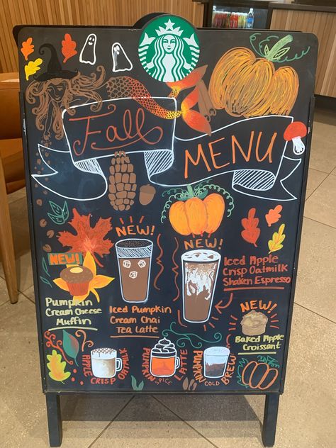 Fall Menu Board Ideas, Fall Menu Chalkboard, Fall Drink Chalkboard, Fall Coffee Board, Fall Chalkboard Art Starbucks, Fall Menu Board, Fall Coffee Board Ideas, Work Chalkboard Ideas, Cafe Menu Board Design Chalk Art