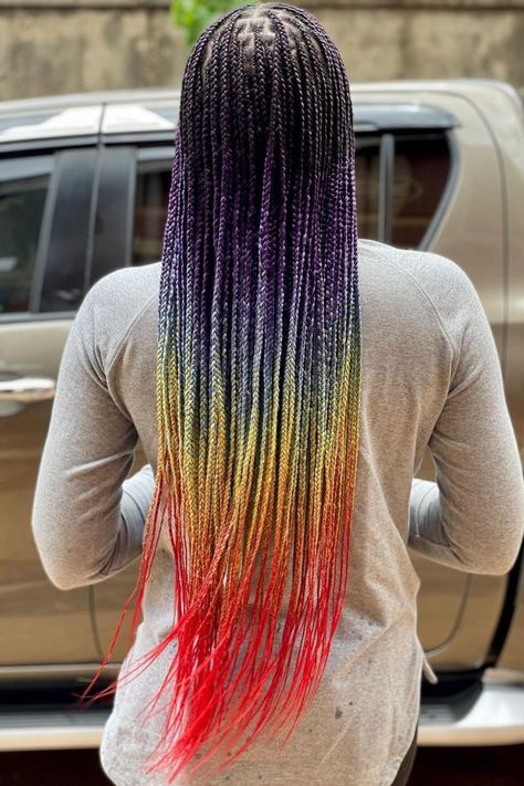 Pride Box Braids, Rainbow Box Braids Ombre, Rainbow Braided Hairstyles, Peekaboo Rainbow Box Braids, Rainbow Cornrows, Rainbow Peekaboo Braids, Rainbow Braids For Black Women, Colorful Braids For Kids, Rainbow Braids For Kids