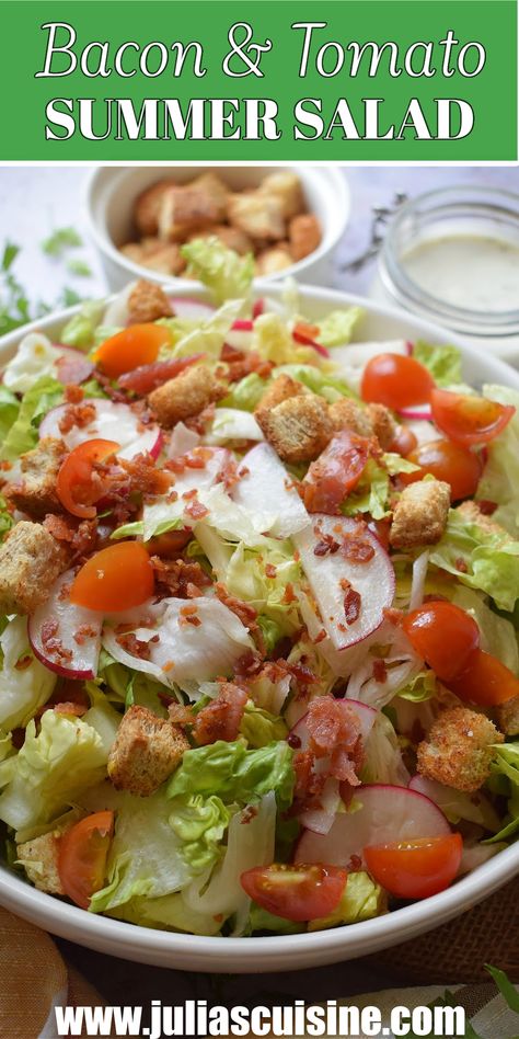 Bacon & Tomato Summer Salad Bacon Lettuce Tomato, Easy Bacon, Romaine Lettuce Salad, Bacon Tomato, Summer Recipes Dinner, Pot Luck, Lettuce Salad, Summer Salad, Romaine Lettuce