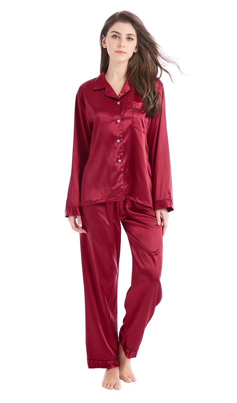 PRICES MAY VARY. 100% Polyester Imported Hand Wash Only High quality satin silk like women's pajamas Nicely tailored Satin Pajama Set with one front pocket on chest. Light weight material with silky feel sleepwear for comfy night sleep. Great gift for family or friend. New dark colored fabric will lose floating color from its surface, especially black. We suggest you wash your new satin products before wearing. If possible, please use neutral detergent to wash, soap or alkaline detergent may inc Pijama Satin, Costume Africain, Luxury Sleepwear, Pyjama Satin, Pajama Suit, Silk Sleepwear, Silk Pajama Set, Soft Pajamas, Night Suit