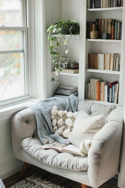 Cozy Corner Reading Nook Ideas for Book Lovers Living Room Designs With Reading Area, Reading Corner With Shelves, Seating Corner In Bedroom, Reading Nook Stair Landing, Book Room Ideas Reading Areas, Meditation Nook Cozy Corner, Spare Room Reading Nook, Reading Corner Shelves, Tiny Seating Area