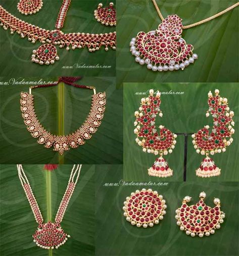 Bharathanatyam Jewellery Set, Kempu Earrings Gold, Temple Design Necklace, Bharatnatyam Dress, Bharat Natyam, Bharatanatyam Jewellery, Saree Bride, Kemp Jewellery, Head Jewellery