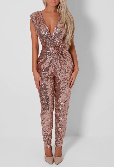 Lulu Rose Gold Sequin Jumpsuit (Gold sequined jumpsuit by Cesar Galindo) Rose Gold Sequin Jumpsuit, Gold Sequin Jumpsuit, Sequinned Dress, Dresses Sequin, Sequins Dress, Sequin Wedding, Sequin Dresses, Sequin Jumpsuit, Sequined Dress