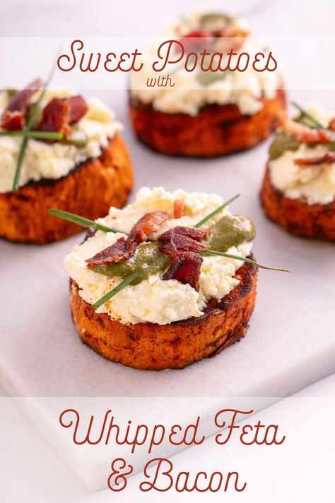 Sweet Potato Rounds Topped with Creamy Feta, Chives, Lemon Aioli, and Crumbled Bacon Sweet Potato Rounds, Game Night Snacks, Finger Food Recipes, Appetizer Platter, Goat Cheese Appetizer, Whipped Goat Cheese, Appetizer Platters, Fall Comfort Food, Whipped Feta