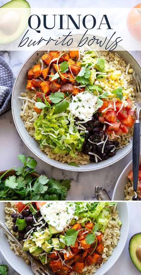 These quinoa burrito bowls are piled high with blackened sweet potato cubes and all the burrito bowl fixins' including black beans, corn, avocado, tomato, and lots of cheese. Quinoa Bowls Healthy, Sweet Potato Cubes, Quinoa Burrito, Sweet Potato Burrito, Burrito Bowl Meal Prep, Mexican Sweet Potatoes, Potato Cubes, Vegetarian Burrito, Best Healthy Dinner Recipes