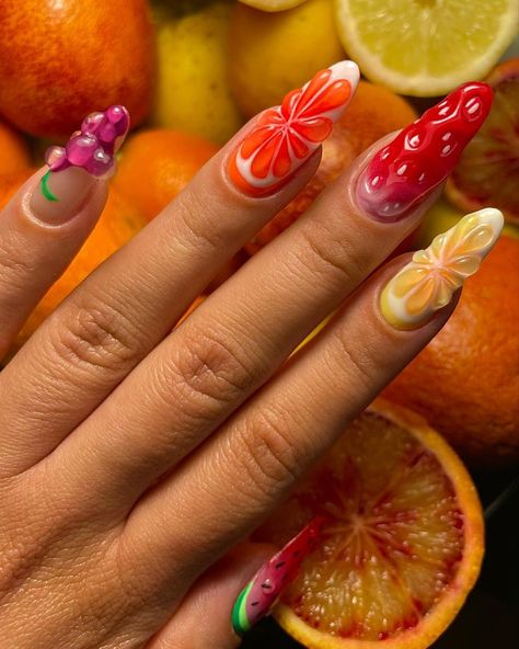 Fire Nail Art, Nails Reference, Nessa Nails, Nails Funky, Fruit Nail Designs, Fruit Nail Art, Tropical Nails, Hippie Nails, Airbrush Nails