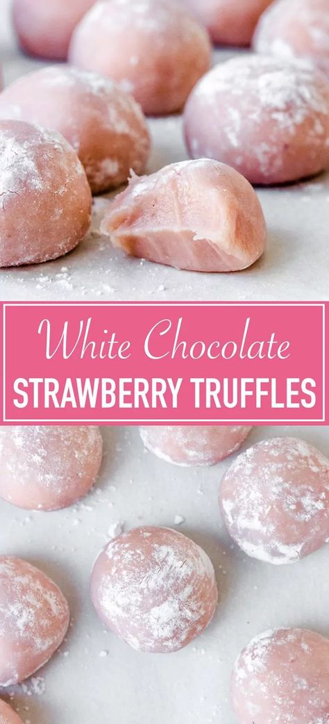 White Chocolate Strawberry Truffles - Pretty. Simple. Sweet. Truffles Candy, Strawberry Truffles, Strawberry Truffle, Strawberry White Chocolate, Dessert Truffles, Pretty Candy, White Chocolate Strawberries, White Chocolate Truffles, Candy Truffles