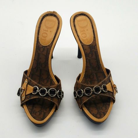 Dior Sandals Size 39 1/2 Color Brown 100% Authentic I Dont Sell Fake Brands All Items Can Be Verified At Store Locations Condition New But A Small Damages To The Back Of One Shoes Vintage Dior Heels, Dior Heels, Dior Sandals, One Shoes, Fun Heels, Vintage Heels, Girly Shoes, Brown Heels, Knitted Romper