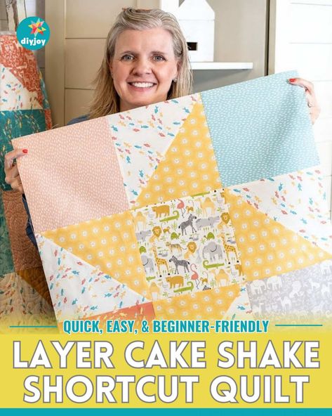 Layer Cake Shake Quilt is the perfect project for beginners. It's quick and easy, and the pattern looks so pretty! via @diyjoycrafts Cake Shake, Layer Cake Quilt, Strip Quilt Patterns, Layer Cake Patterns, Layer Cake Quilt Patterns, Quilt Layers, Cake Quilt, Big Block Quilts, Layer Cake Quilts