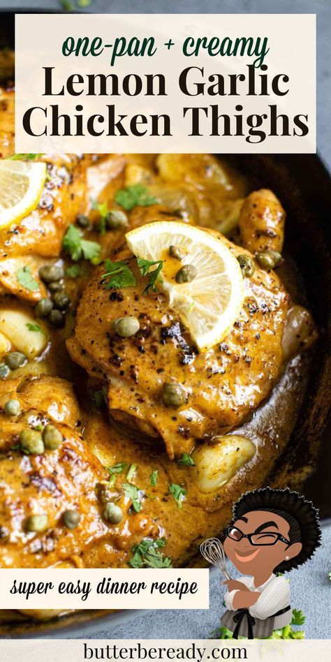 Juicy, flavorful, and deliciously creamy lemon garlic chicken thighs with capers...so easy to make in one pan. Serve with mashed potatoes, rice, and/or vegetables for a perfect weeknight dinner! #chickenthighs #creamychicken #onepanmeals #easydinnerrecipe Chicken Thigh With Mashed Potatoes, Lemon Garlic Parmesan Chicken Thighs, Chicken Thighs And Mashed Potatoes, Chicken Thigh Recipes Lemon, Creamy Lemon Garlic Chicken, Lemon Caper Chicken, Lemon Garlic Chicken Thighs, Garlic Chicken Thighs, Lemon Chicken Thighs