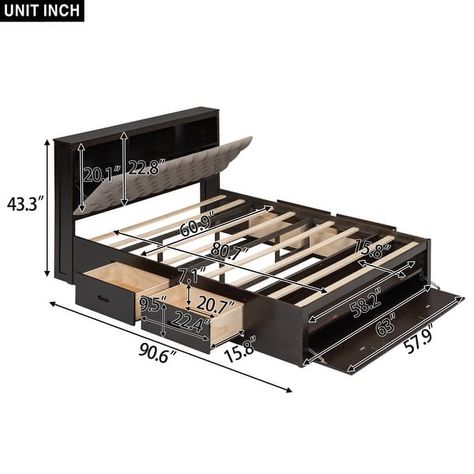 Queen Size Platform Bed with Upholstered Storage Headboard, Shoe Rack and 4 Drawers, Modern Solid Wood Storage Bed Frame - On Sale - Bed Bath & Beyond - 40260595 Espresso Bed, Bed With Storage Headboard, Storage Bed Queen, Box Bed Design, Cal King Bedding, Storage Headboard, Queen Size Platform Bed, Bed Design Modern, Platform Bed With Storage