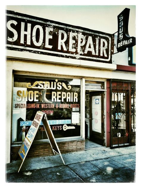 Shoe Repair. When our heels wore down or soles wore through, we had them repaired. 1950s-70s. As kids, we outgrew our shoes, then passed them on. Men would make shoes last their whole adult life. Shoes Repair Ideas, Western Riding Boots, 1950s Shoes, 70s Shoes, Shoe Store Design, Shoes For Everyday, Shoe Repair Shop, Shotgun House, Make Shoes