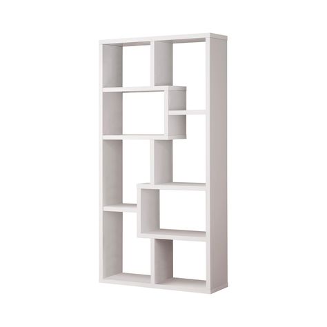 PRICES MAY VARY. 35 inches wide x 11.75 inches deep x 70.75 inches high Geometric bookcase with a seemingly random pattern of boxes creates an attention-grabbing display for your favorite keepsakes and books Ten (10) shelves provide ample display space MDF, particle board, and laminate construction Geometric Bookcase, Bookcase White, Cubby Shelves, Bookcases For Sale, White Coasters, Office Bookcase, White Bookcase, Coaster Furniture, Open Storage