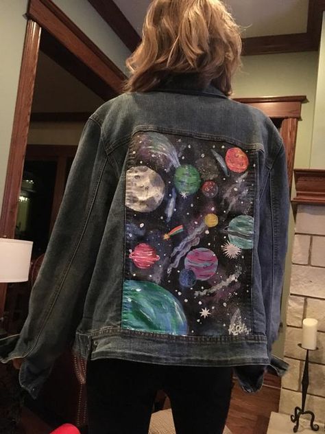 Glow in the dark hand painted space jean jacket | Etsy Jean Jacket Painted, Glow In The Dark Fabric, Jean Jacket Diy, Space Scene, Diy Denim Jacket, Painted Clothes Diy, Hand Painted Denim Jacket, Black Jean Jacket, Space Outfit