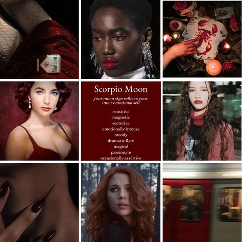 Scorpio Moon zodiac sign mood board and astrology aesthetic Sag Moon Aesthetic, Zodiac Scorpio Aesthetic, Moon In Scorpio Aesthetic, Scorpio Lilith Aesthetic, Scorpio Mood Board, Scorpio Moon Woman, Scorpio Moon Aesthetic, Scorpio Rising Aesthetic, Aries Sun Scorpio Moon