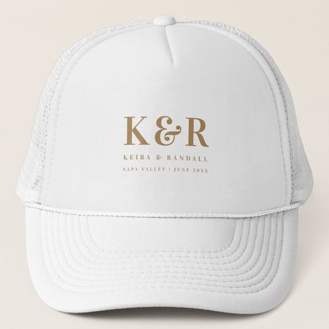 Wedding Monogram Minimalist Simple Gold and White Wedding Hats For Guests, White Trucker Hat, Wedding Week, Wedding Monogram, Baseball Trucker Hat, Classic Hats, Welcome Bags, Wedding Favors For Guests, Shop Wedding