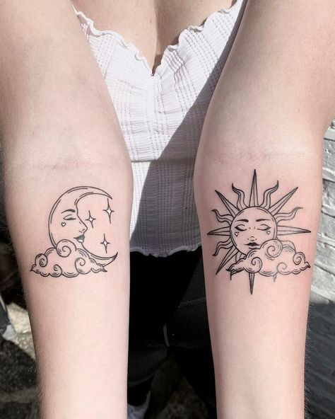 Soon And Moon Tattoo, Sun And Moon Separate Tattoo, Moon Man Tattoo, Vision Scrapbook, Matching Sun And Moon Tattoo, Sun And Moon Tattoos, Small Wave Tattoo, Bohemian Tattoo, Hippie Tattoo