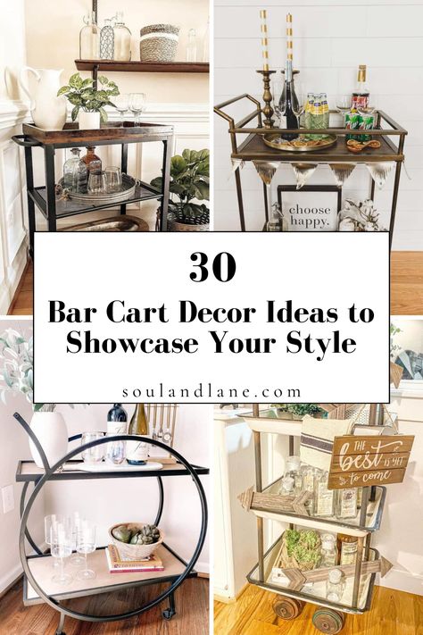 Picture a sleek cart brimming with eclectic finds, from antique decanters to modern mixology tools, each piece telling a story. Add layers of interest with unique textiles, like a patterned runner or chic coasters, and a curated selection of books on cocktail crafting. This approach to bar cart styling not only serves drinks but also serves up major style points, making it a focal point in your home decor. Drink Carts Ideas, How To Decorate Bar Cart, Wooden Bar Cart Styling, Non Alcohol Bar Cart Ideas, Silver Bar Cart Styling, Styling A Bar Cart, Modern Farmhouse Bar Cart, How To Style A Bar Cart, Bar Carts Ideas Decor