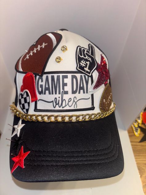 Football Game Day Vibes themed Trucker Patch Hat. Message me your school colors.  These are the hottest trend on social media today. Great for festivals, concerts, night life and everyday wear. This foam trucker hat is fully adjustable and offered in hat colors Black, White, Light Pink, Neon Pink, Neon Yellow and Green Camouflage. Custom Hats avail. One size fits all. $35 Small Print: patch, mama, cowboy, hat, faith, rock and Roll, trucker, patch, cap, chain, iron on, sew on, festival, concert, Game Day Trucker Hat, Hip Hop Birthday Party, Rock And, Custom Trucker Hats, Festival Concert, Cap Decorations, Football Baby, Patch Hat, Diy Hat