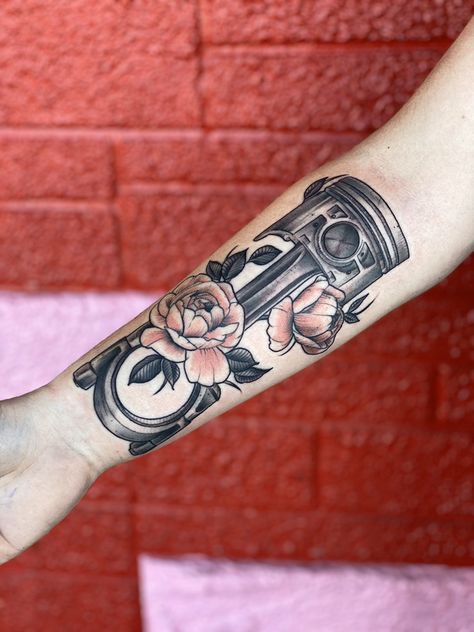 Car Arm Tattoos, Piston Tattoo Mechanical, Car Piston Tattoo, Diesel Mechanic Tattoo Ideas, Car Part Tattoo, Turbo Heart Tattoo, Diesel Tattoo Ideas, Piston Tattoo Ideas, Motor Tattoo Ideas