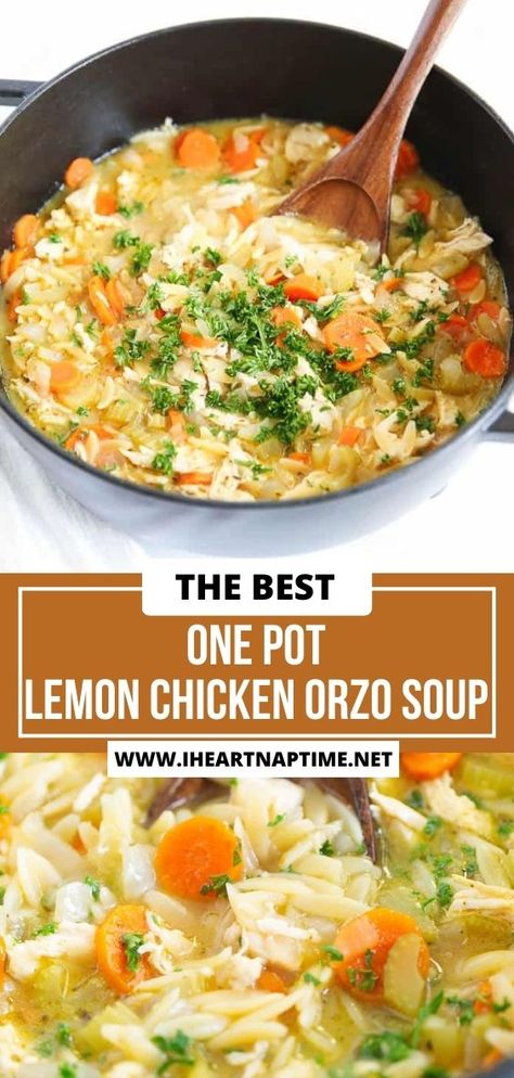 This lemon chicken orzo soup is so comforting made with wholesome ingredients including lemon, chicken and healthy vegetables. It’s easy to make for a weeknight dinner! Quick Lemony Chicken Soup, Instapot Chicken Orzo Soup, Chicken Orzo Lemon Soup, Easy Lemon Orzo Soup, Chicken Orzo Soup With Lemon, Zesty Lemon White Bean Orzo Soup, White Rice And Chicken Recipes Healthy, Healthy Orzo Soup, Easy Orzo Soup