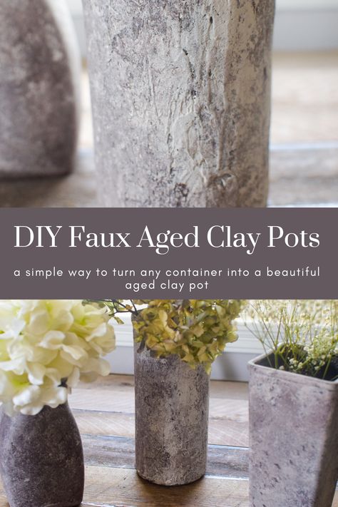 Sharing a fun DIY for Faux Aged Clay Pots that you can use any glass container to make these very real looking stone or clay finished vases, or pots for your home. It is a great way to repurpose or use items from the thrift store or your home to create a lovely faux aged clay pot for your home. Sharing 2 ways to get the look in this DIY tutorial. How To Make Clay Pots Look Old, How To Make A Plastic Pot Look Like Concrete, Aging Terra Cotta Pots Diy, How To Make Plastic Pots Look Like Stone, Diy Clay Pots For Plants, Concrete Pottery, French Clay Pots, Iod Projects, Portugal House