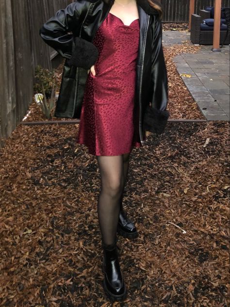 red satin dress, leather jacket outfit Red Dress With Black Jacket, Leather Jacket And Dress Aesthetic, Red Dress Aesthetic Outfit, Edgy Red Dress Outfit, Red Jacket Outfits For Women, Dress With A Leather Jacket Outfit, Silk Red Dress Outfit, Satin Dress Outfit With Jacket, Jacket Over Dress Formal Satin