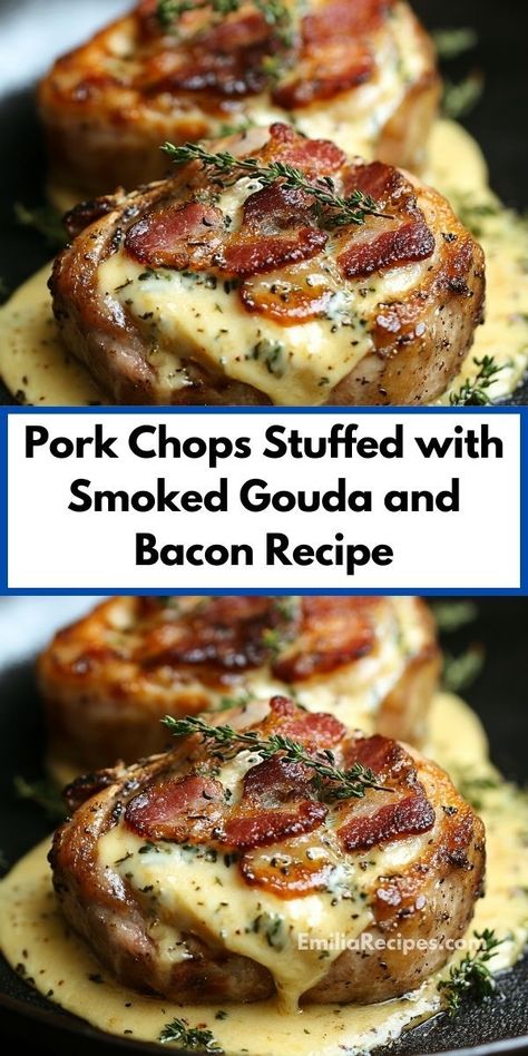 Need dinner ideas easy to prepare? This Pork Chops Stuffed with Smoked Gouda and Bacon recipe is a top choice. It’s one of the best dinner recipes for family, offering a delicious twist on classic pork chop recipes. Delicious Pork Chops, Gouda Recipe, Bacon Recipes For Dinner, Bacon Recipes Appetizers, Best Pork Chop Recipe, Smoked Pork Chops, Smoked Recipes, Seared Pork Chops, Stuffed Pork