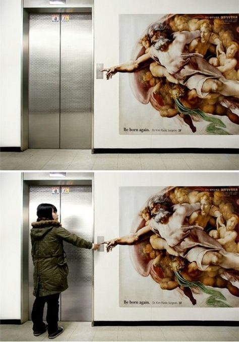 Brilliant. ❥ elevator ad for a plastic surgeon based on Michelangelo’s “Creation of Adam”. Funny Commercial Ads, Andermatt, Funny Commercials, Publicidad Creativa, Funny Ads, Street Marketing, Guerilla Marketing, Pictures Of People, Cool Ideas