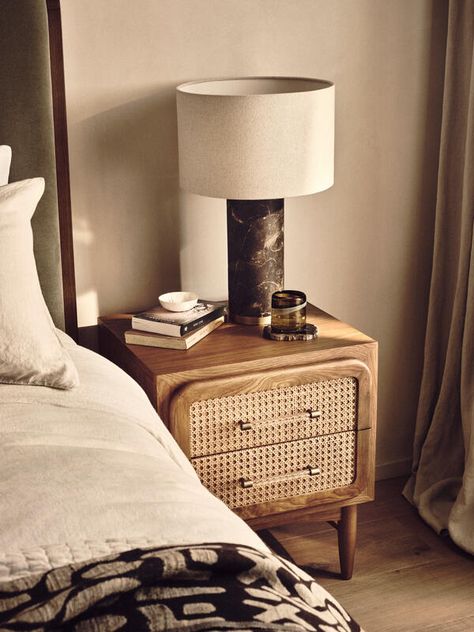 Cane Bedside Tables, Soho House Berlin, Oak Bedside Table, Luxury Bedside Table, Bedroom Stuff, Oak Bedside Tables, Soho Home, Interior Design Consultation, Marble Table Lamp