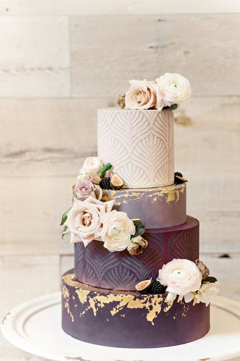 GREAT SHAPE WITH ONE LESS TIER. WOULD NOT WANT GOLD FOIL. LOVE THE DUSTY LOOK OF THE NON-TEXTURED LAYER, BUT MAYBE WITH A LITTLE LIGHT MARBLING/SPLATTER?  LOVE THE FLOWERS Nutmeg Cake, Cake Styles, Anniversary Cake Designs, Blush Wedding Cakes, Chocolate Cake Designs, Pretty Wedding Cakes, Wedding Cake Pictures, Winter Wedding Cake, Chocolate Wedding Cake