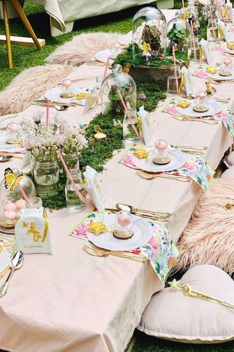 Don't miss this gorgeous fairy garden! The table settings are truly magical! See more party ideas and share yours at CatchMyParty.com #catchmyparty #partyideas #fairyparty #gardenparty #girlbirthdayparty #fairytablesettings Tea Party Table Settings, Fairy Garden Birthday, Fairy Theme Party, Garden Birthday Party, Backyard Birthday Parties, Fairy Garden Birthday Party, Picnic Birthday Party, Fairy Tea Parties, Backyard Birthday