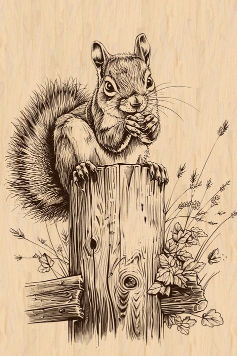 Wood Etching Ideas, Engraving Art Drawing, Pyrography Patterns Printable, Woodland Drawing, Hunting Drawings, Bird Engraving, Wildlife Drawing, Squirrel Eating, Squirrel Illustration