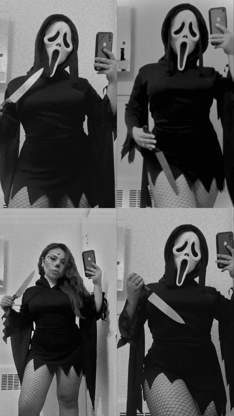 Scream Costume Woman Diy, Plus Size Scream Costume, Ghost Costume Ideas For Women, Ghostface Diy Costume, Ghost Face Makeup Look, Halloween Ghost Costume Women, Diy Ghostface Costume, Scream Woman Costume, Female Ghostface Costume Idea