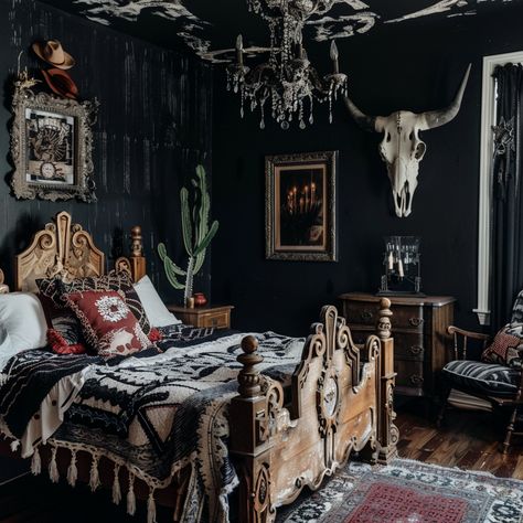 Western Gothic Decor Ideas: How to Get the Look in Your Apartment — Moda Misfit | Small Apartment Styling + Cozy Living Goth Western Aesthetic Home, Western Gothic Decor Bedroom, Western Gothic Bedroom, Southern Gothic Room, Southern Gothic Bedroom, Dark Western Bedroom, Witchy Rooms, Western Gothic Decor, Dark Moody Decor