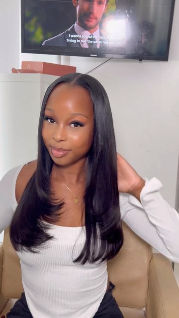 Graduation Sew In Hairstyles, Medium Length Sew In Weave Straight, Closer Sew In Hairstyles, Black Hair Sew In, Leave Out With Layers, Middle Part Sew In Medium Length, Sew In Shoulder Length Hair, Buss Down Sew In, Layered Weave Sew Ins