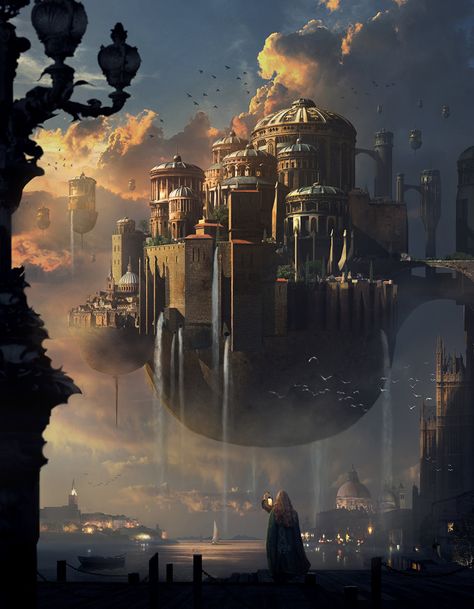 Floating Landscape, Floating Cities, Steampunk Kunst, City Sunset, Arte Steampunk, Floating City, Creation Art, Castle In The Sky, Have Inspiration